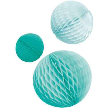 3 Honeycomb Decorations Aqua Glamor Paper 14 cm/ 18 cm / 22 cm