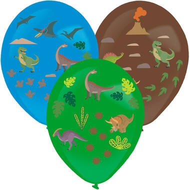 3 Latex Balloons Assorted 35.5 cm with Dinosaur Stickers Paper