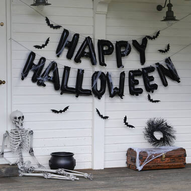 Balloon Bunting - Happy Halloween Black with Webs and Hanging Bats
