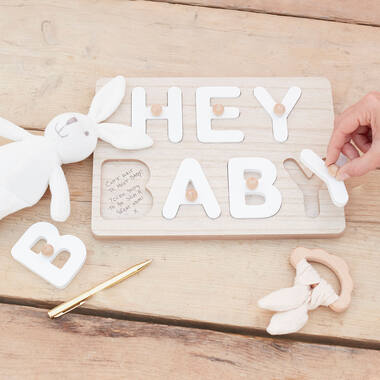 Alternative Guest Book - Hey Baby Wooden Puzzle - White
