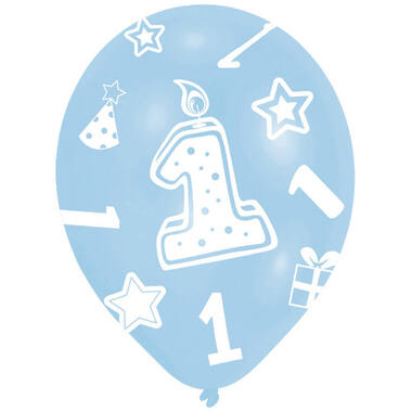 6 Latex Balloons All Round Printed Age 1 Blue 27.5 cm / 11"