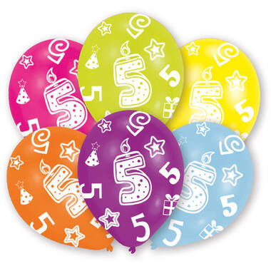 6 Latex Balloons All Round Printed Age 5 assorted 27.5 cm / 11"