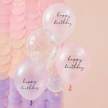 Balloon Bundle - Shell Confetti and Happy Birthday Printed Chrome Balloons with Tails