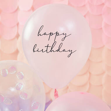 Balloon Bundle - Shell Confetti and Happy Birthday Printed Chrome Balloons with Tails
