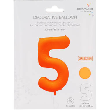 Foil Balloon Number 5 - Neon Orange - 86 cm