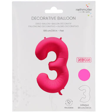 Foil Balloon Number 3 - Neon Pink - 86 cm