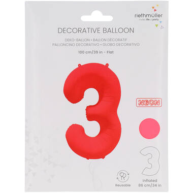 Foil Balloon Number 3 - Neon Red - 86 cm