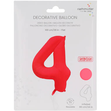 Foil Balloon Number 4 - Neon Red - 86 cm