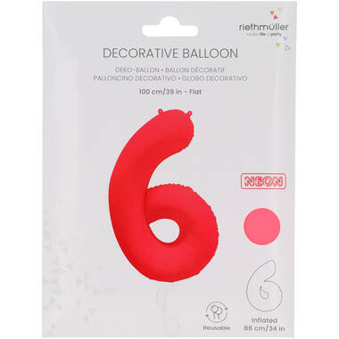Foil Balloon Number 6 - Neon Red - 86 cm