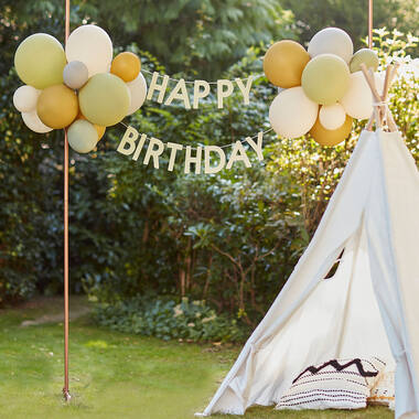 Bunting - Happy Birthday with Balloons - Green, Grey, Sand and Gold Chrome