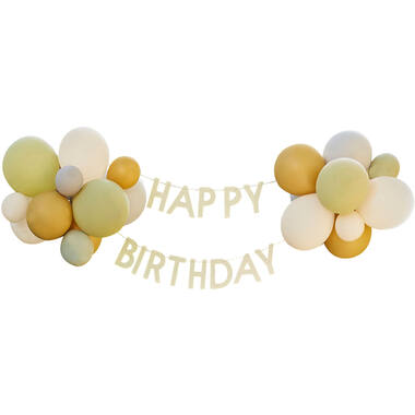 Bunting - Happy Birthday with Balloons - Green, Grey, Sand and Gold Chrome