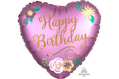 Foil Balloon - Shape - Heart - "Happy Birthday" - Satin Purple and Flowers - 45 cm