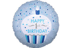 Foil Balloon - "HAPPY 1st BIRTHDAY" Cupcake - Blue - 45 cm