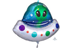 Foil Balloon - Shape - Alien in Spaceship - Holographic - 71 x 53 cm