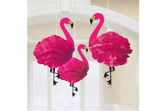 3 Fluffy Hanging Decorations Flamingo Paper 49.5 cm