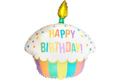 Large Shape Rainbow Birthday Cupcake Foil Balloon H40 packaged 58 cm x 66 cm