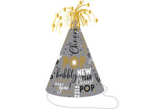 Cone Hat with Tinsel "Happy New Year" Paper / Foil Silver / Gold Height 23,5 cm