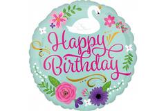 Standard HBD Floral Swan Foil Balloon S40 Packaged 43 cm