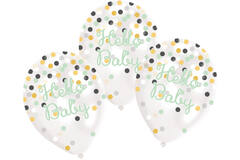 6 Latex Balloons Clear Confetti Filled Hello Baby 27.5 cm / 11"