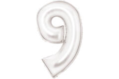 Large Number Silk Lustre 9 White Foil Balloon N34 Packaged 91 cm x 57 cm