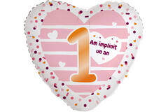 Foil Balloon - Heart Shape - "1 Am împlinit un an" - Romanian - 45 cm