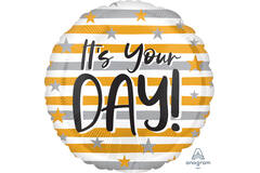 Foil balloon - "It's Your DAY!" Gold/Silver Striped - 45 cm