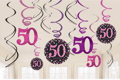 12 Swirl Decorations 50 Sparkling Celebration - Pink Foil / Paper 61 cm