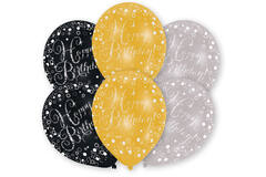 6 Latex Balloons Gold, Silver, Black 27.5 cm / 11"