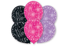6 Latex Balloons Pink, Purple, Black 27.5 cm / 11"