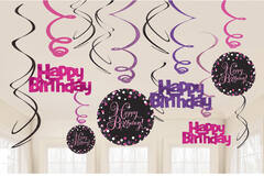 12 Swirl Decorations Sparkling Celebration - Pink Foil / Paper 61 cm
