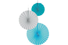3 Fan Decorations Aqua Glamor Paper 18 cm / 30 cm / 38 cm