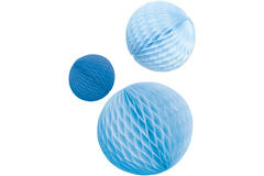 3 Honeycomb Decorations Sky Blue Paper 14 cm / 18 cm / 22 cm