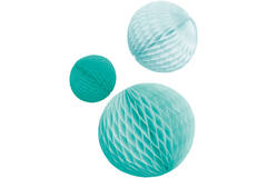 3 Honeycomb Decorations Aqua Glamor Paper 14 cm/ 18 cm / 22 cm