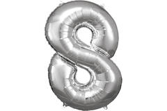 Large Number 8 Silver Foil Balloon N34 Packaged 86 cm x 57 c
