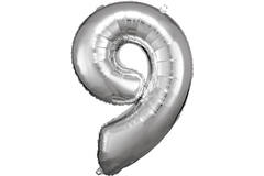 Large Number 9 Silver Foil Balloon N34 Packaged 89 cm x 60 c