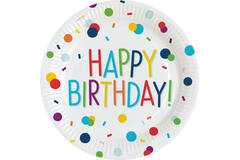 8 Plates Confetti Birthday Happy Birthday Round Paper 23 cm