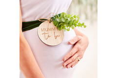 mummy to be belly sash with foliage and wooden tag
