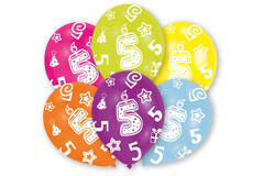 6 Latex Balloons All Round Printed Age 5 assorted 27.5 cm / 11"
